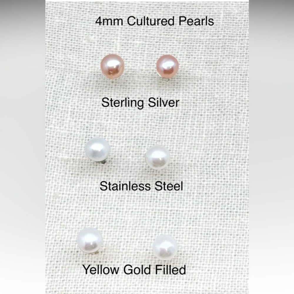 Tiny 4mm White or Pink Cultured Pearl Studs set in Your Choice of Metals, NWT
